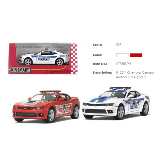 Модель легкова CHEVROLET CAMARO 5 KT5383WPR Police/Fire Fighter метал.інерц.відкр.дв.2в.кор./96/